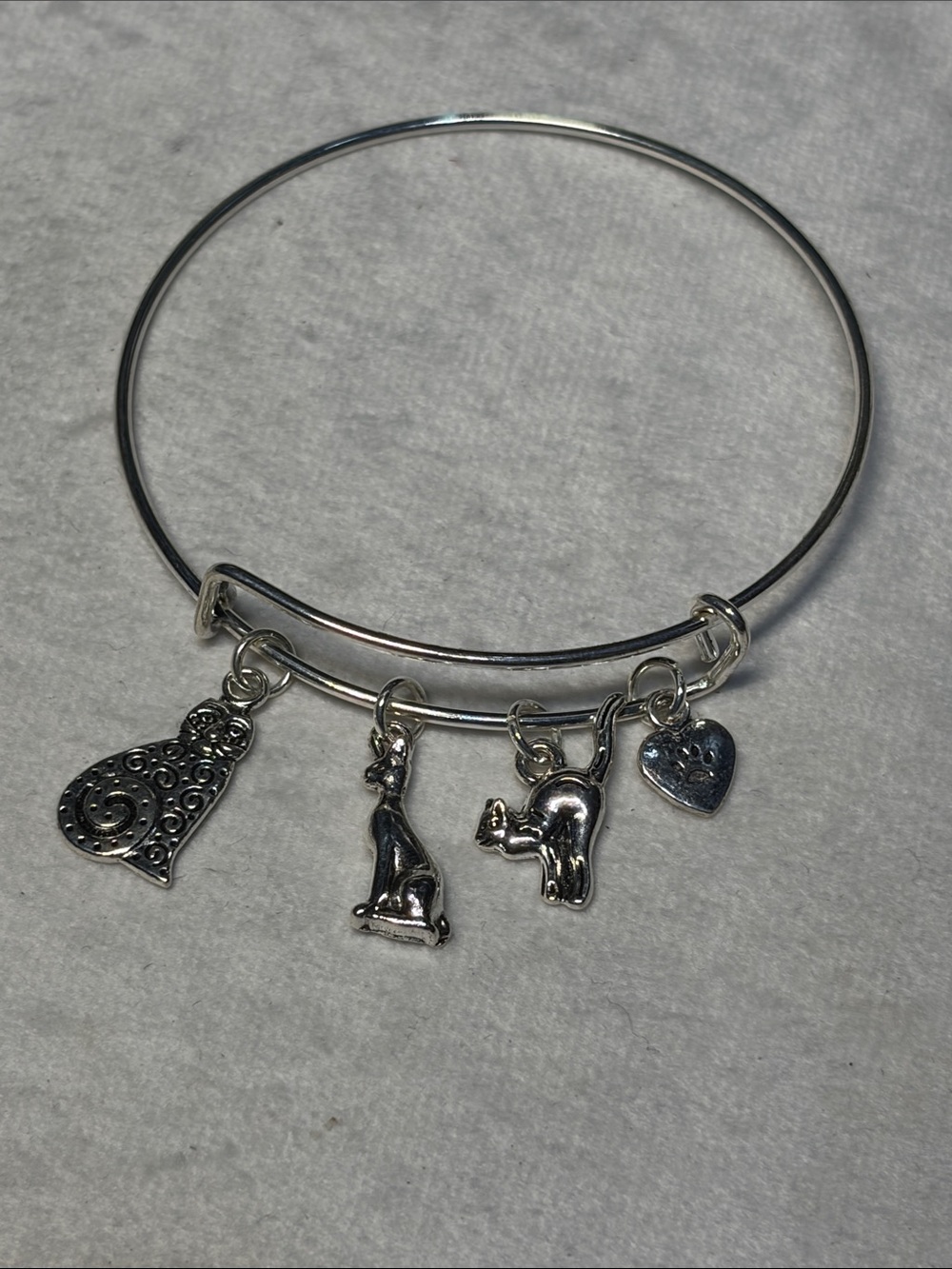 Cattitude Silver Adjustable Charm Bangle Bracelet